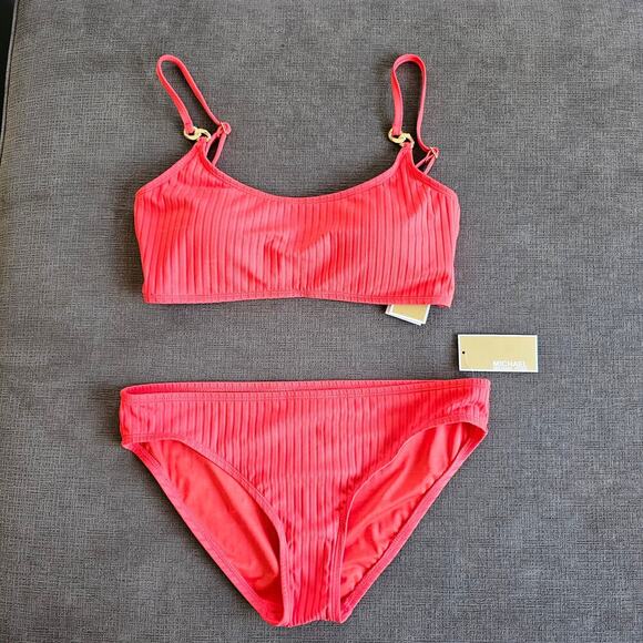 Michael Kors Pink Ribbed Textured Bikini Set Top & Bottom 2PC Swimwear Size XL - Picture 1 of 7